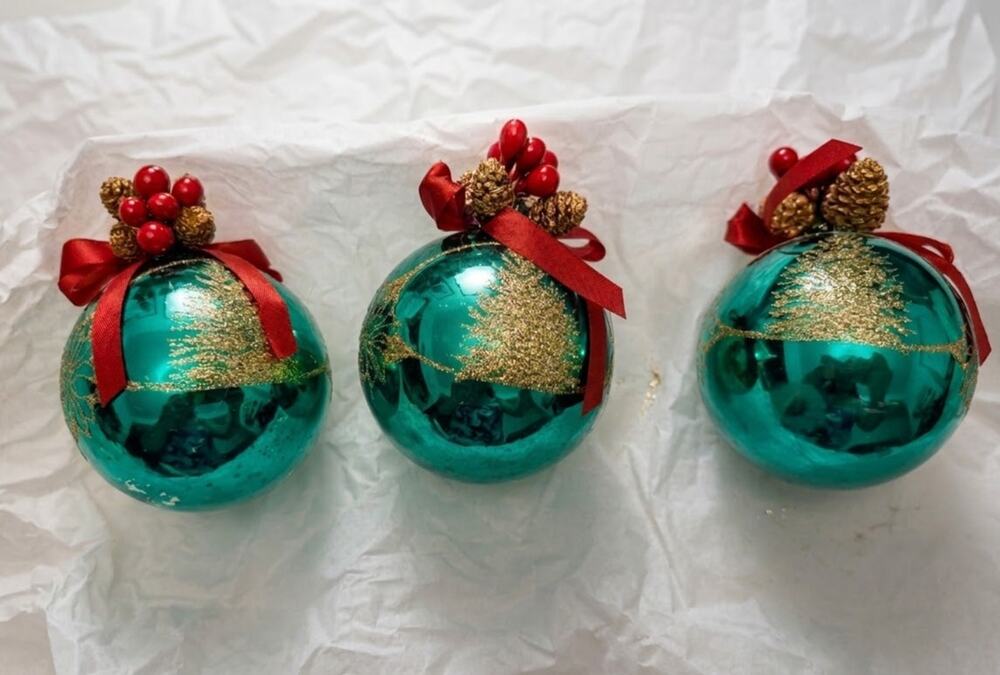 Set of 3 Vintage Emerald Green Glass Christmas Ornaments with Gold Glitter Trees